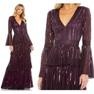 Mac Duggal 5442 Plum Size 12 Embellished Bell Sleeve Tiered V-Neck Gown NWT